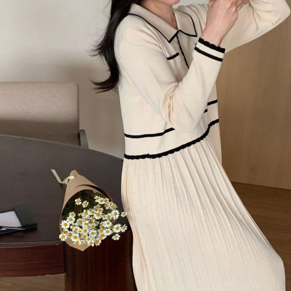 バイカラーラインプリーツニットワンピース