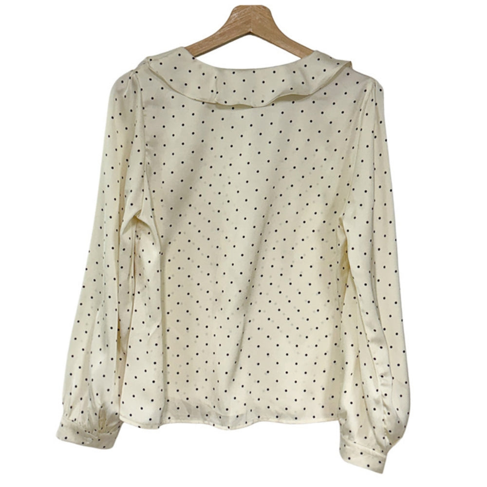マイクロドットフリルネックサテンブラウス