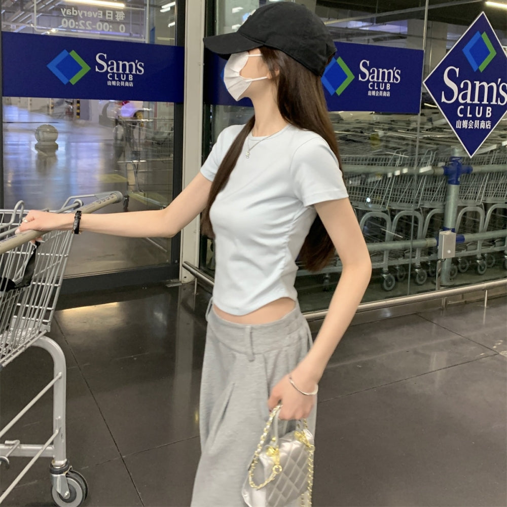 サイドギャザーシンプルクルーネックTシャツ
