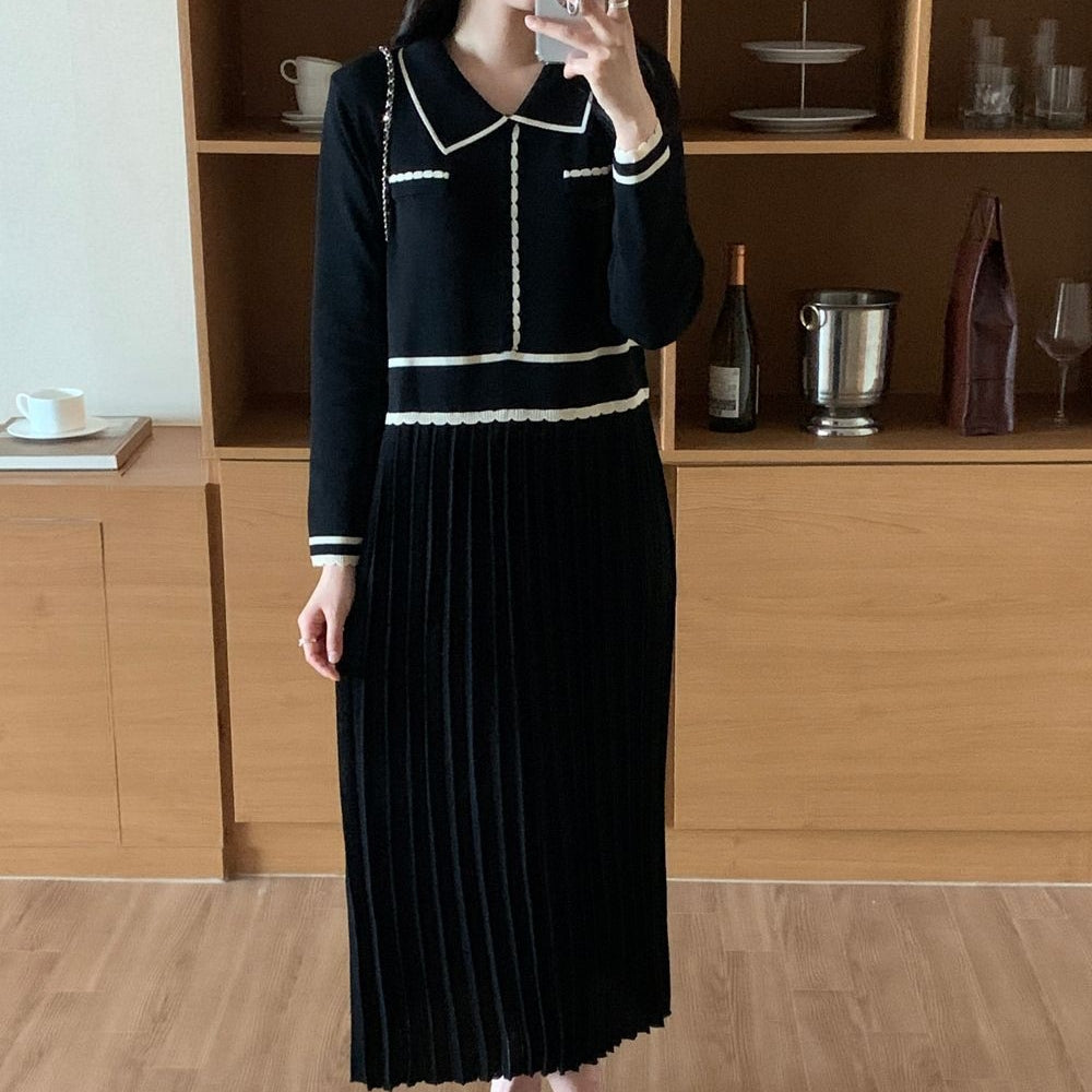 バイカラーラインプリーツニットワンピース