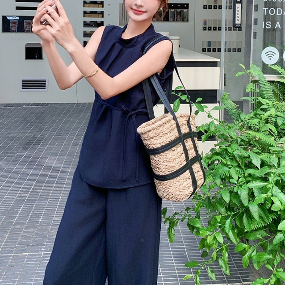 スタンドカラーノースリーブ・ワイドパンツセットアップ