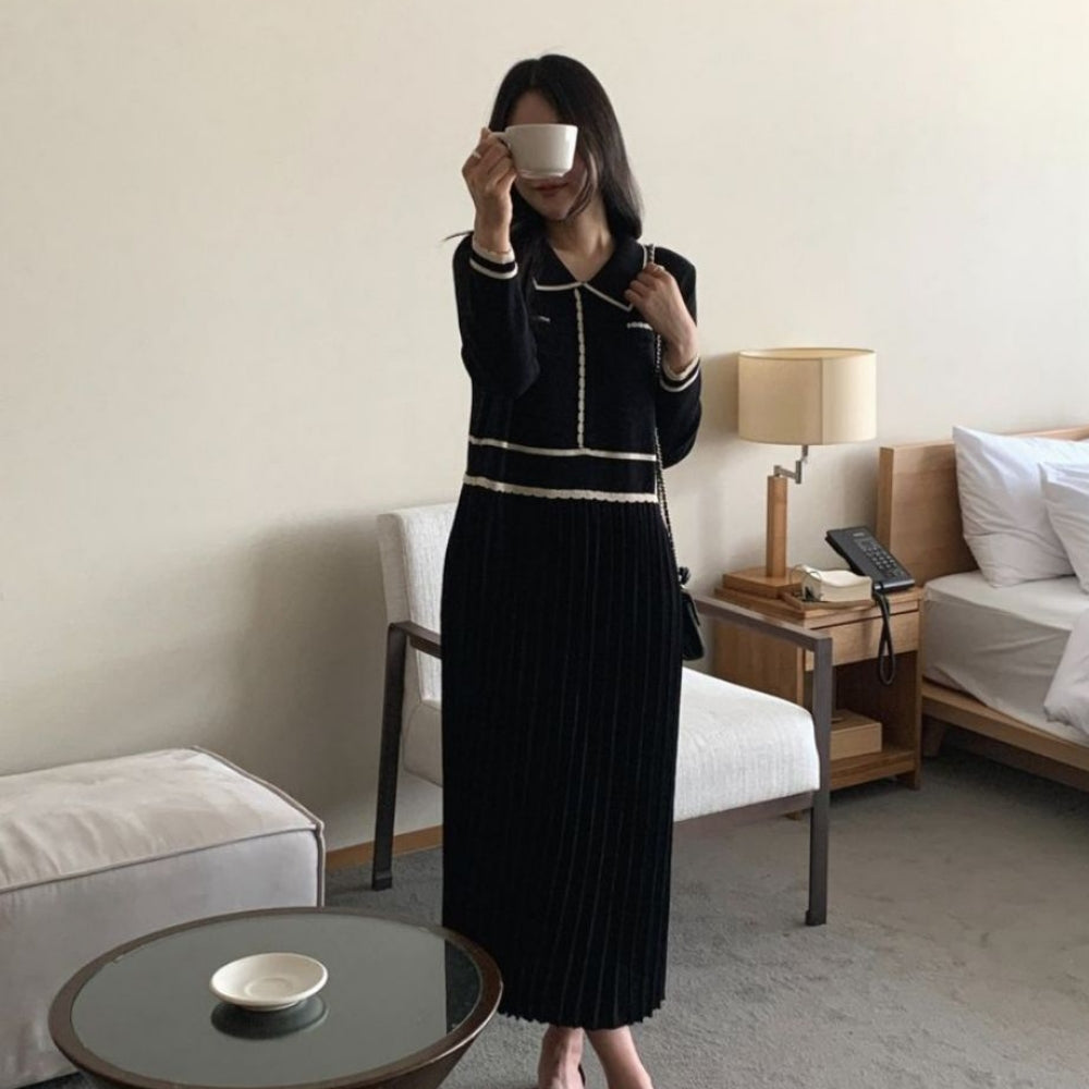 バイカラーラインプリーツニットワンピース