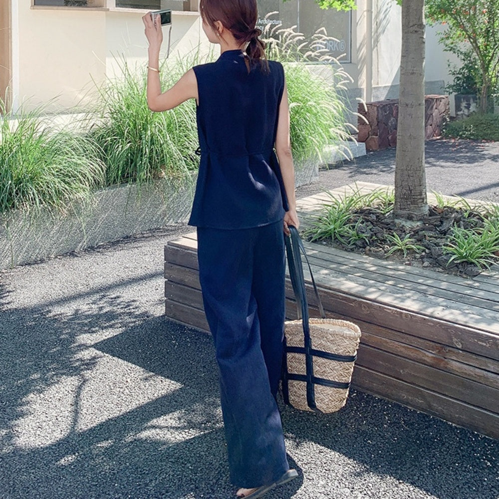 スタンドカラーノースリーブ・ワイドパンツセットアップ
