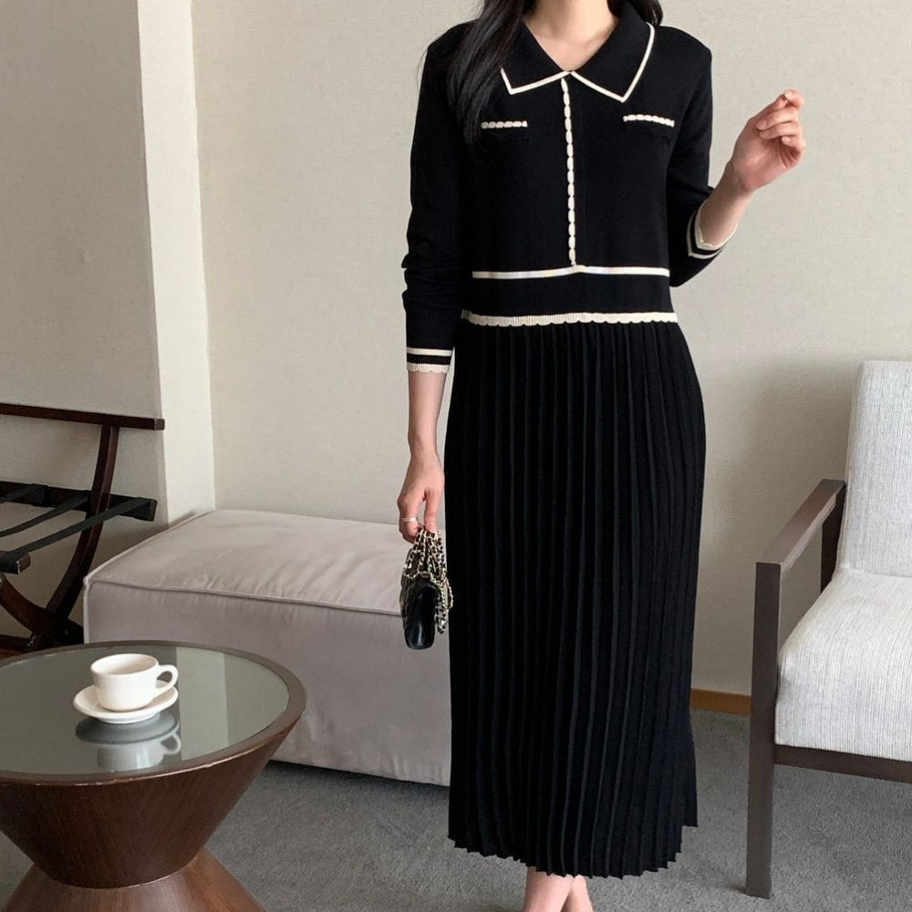 バイカラーラインプリーツニットワンピース