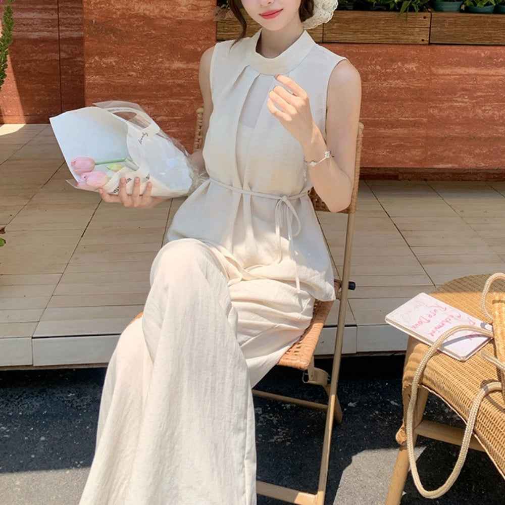 スタンドカラーノースリーブ・ワイドパンツセットアップ