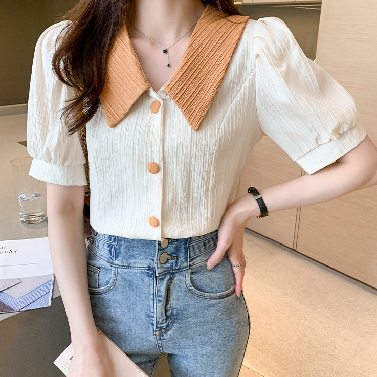 配色襟プリーツ風ブラウス