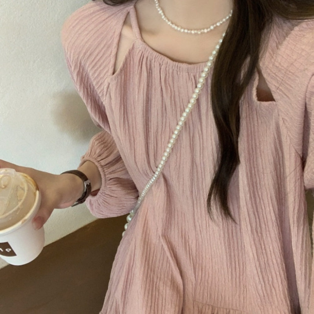 プリーツ加工長袖ワンピース