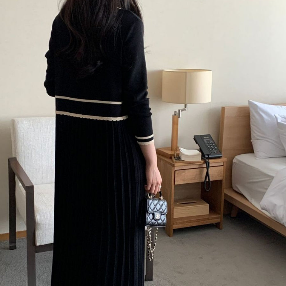 バイカラーラインプリーツニットワンピース