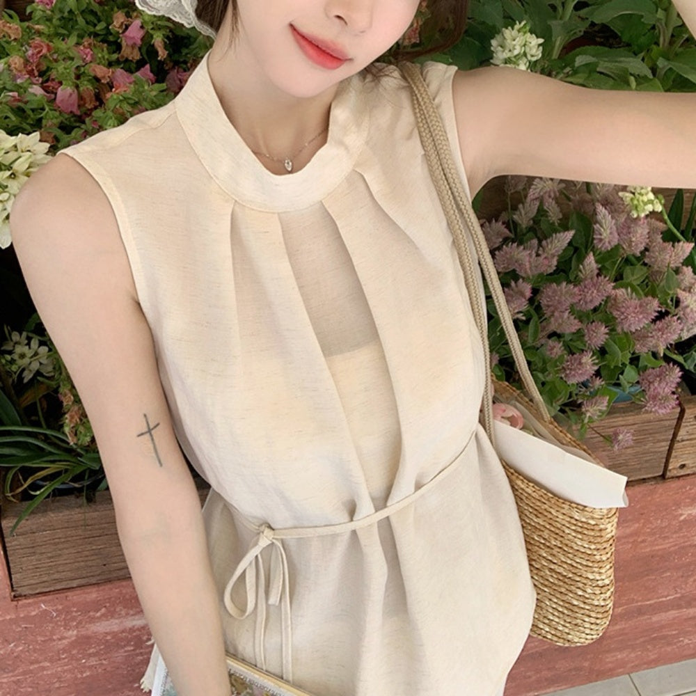 スタンドカラーノースリーブ・ワイドパンツセットアップ
