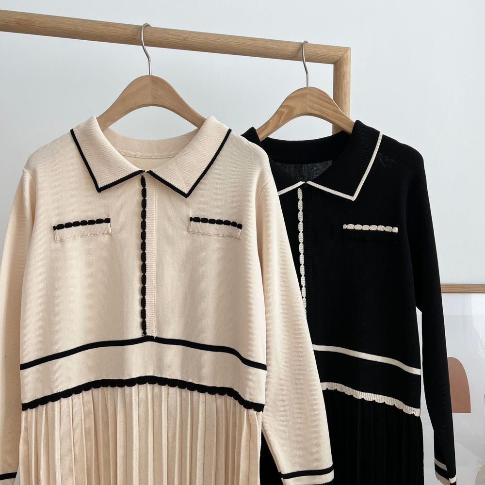 バイカラーラインプリーツニットワンピース