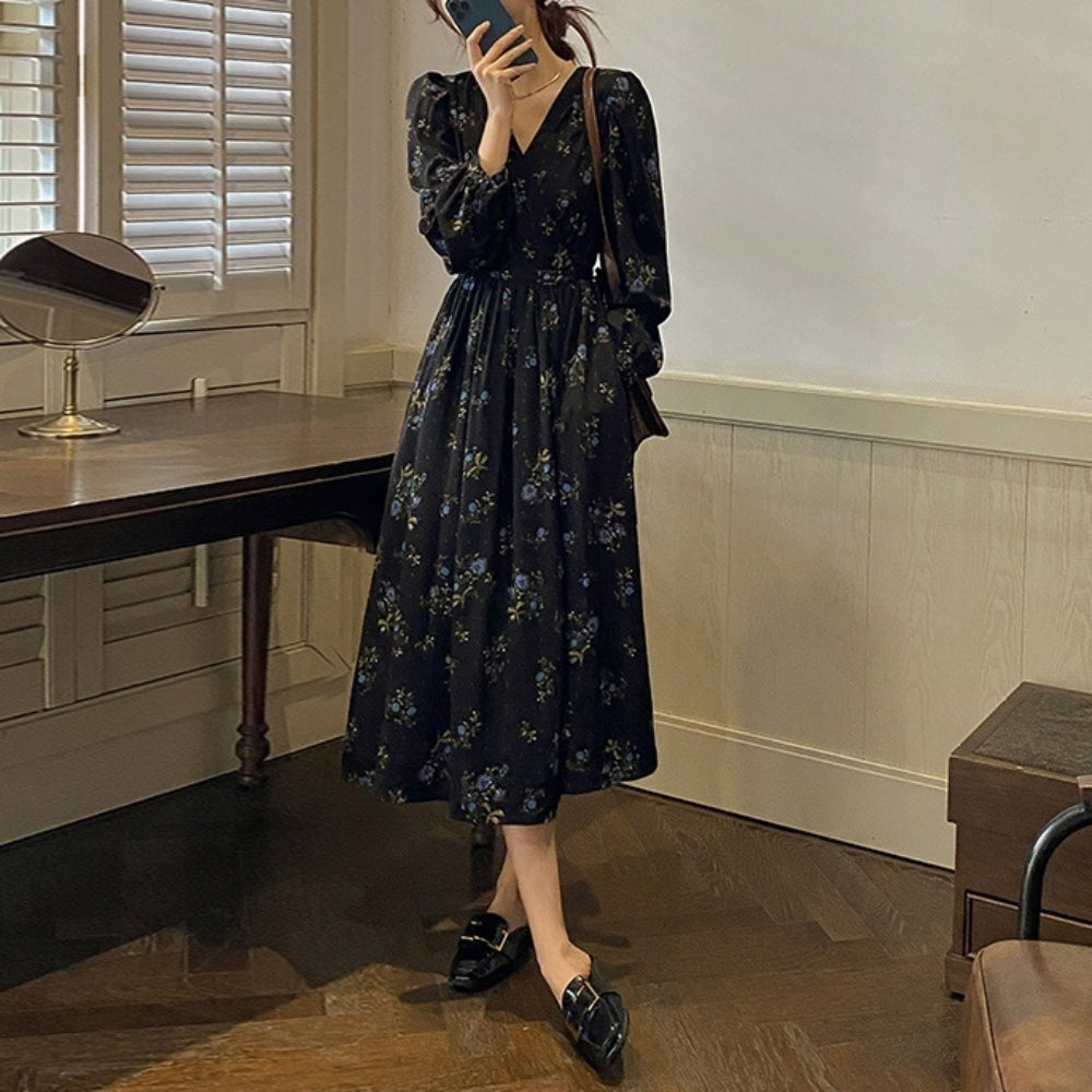 ウエストシャーリング花柄ワンピース