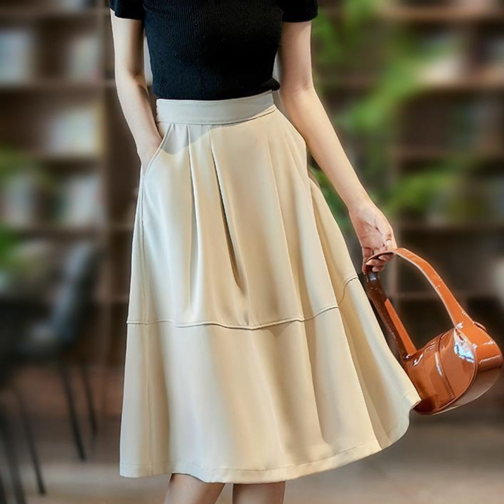 オフィスカジュアル 夏 タックフレアひざ丈スカート ミレジェネ