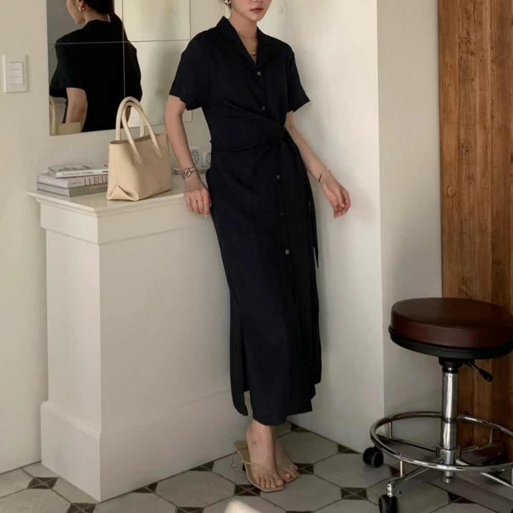 ウエストリボン半袖タイトシャツワンピース