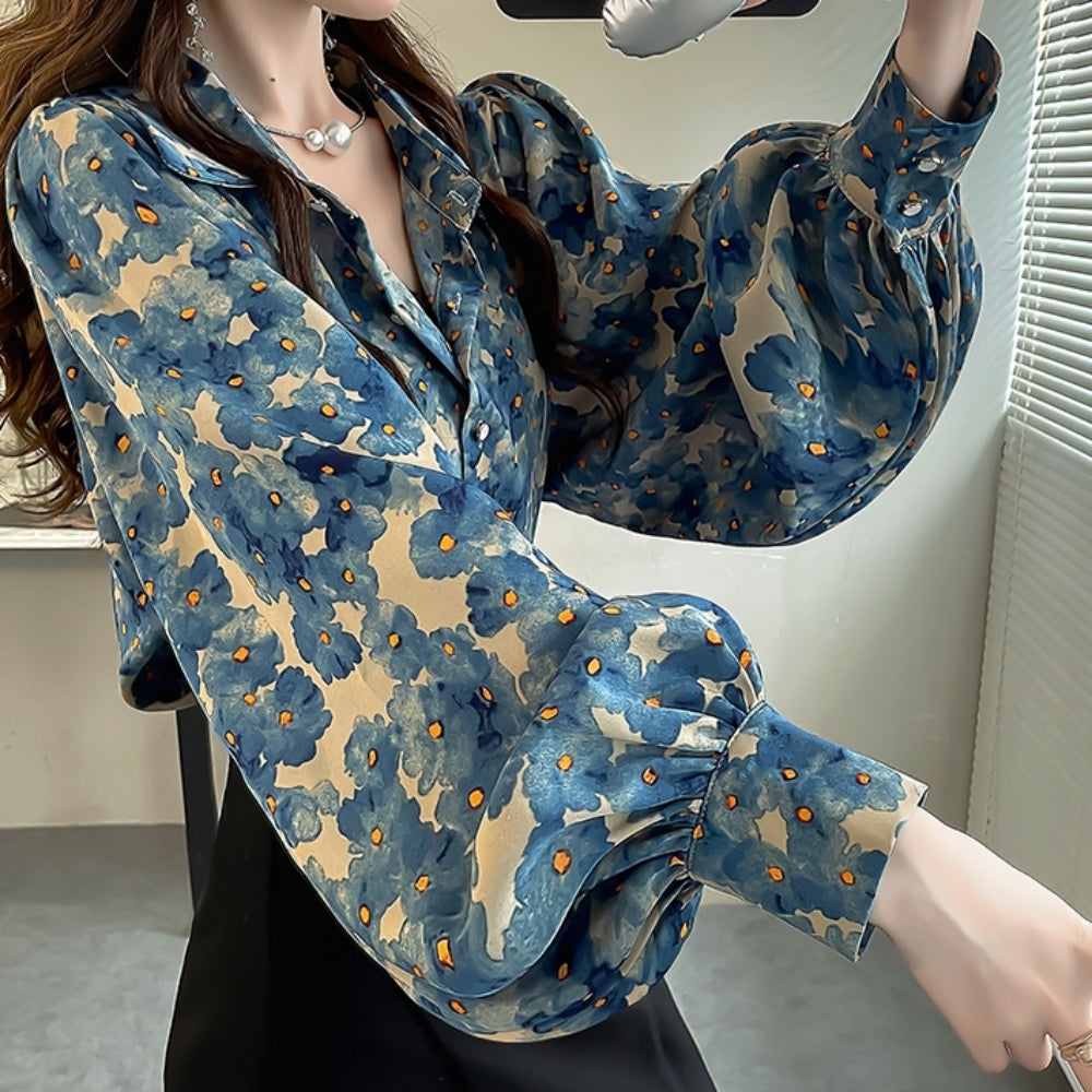 水彩風花柄パフスリーブブラウス|オフィスカジュアル レディース 通販【ミレジェネ】