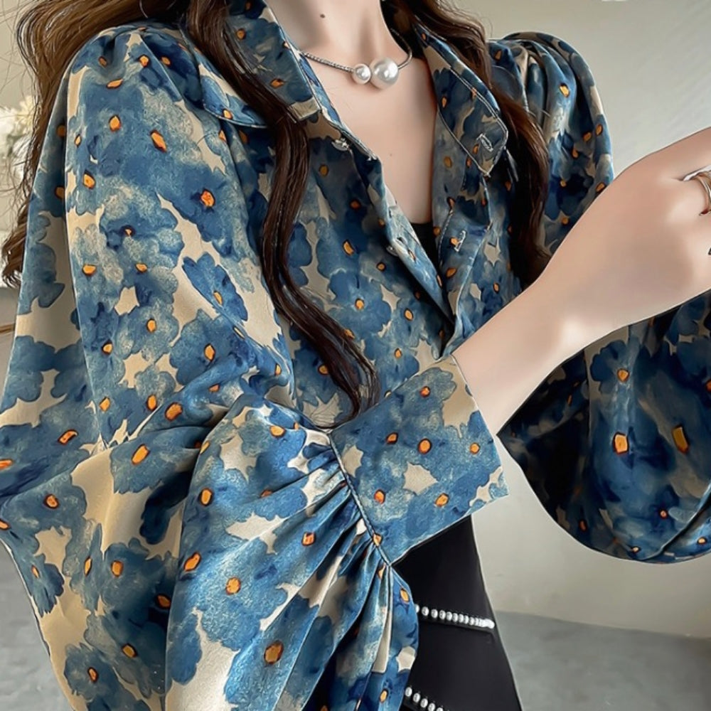 水彩風花柄パフスリーブブラウス