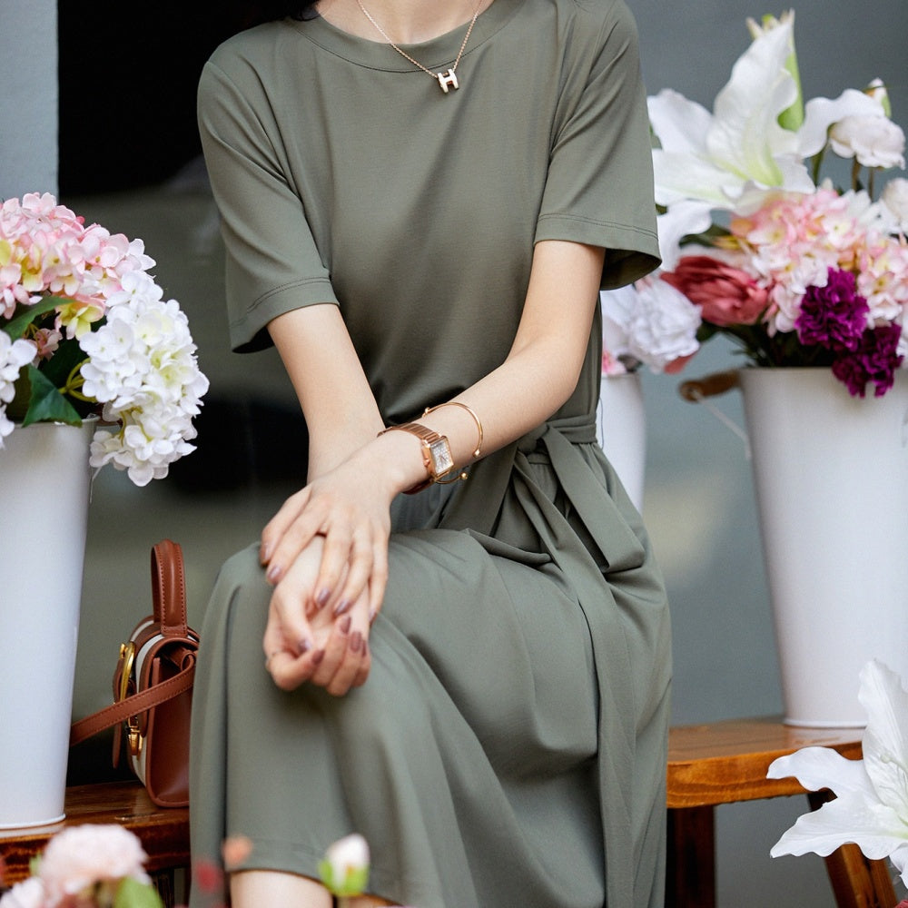 オフィスカジュアル 夏 ウエストマーク半袖ワンピース ミレジェネ