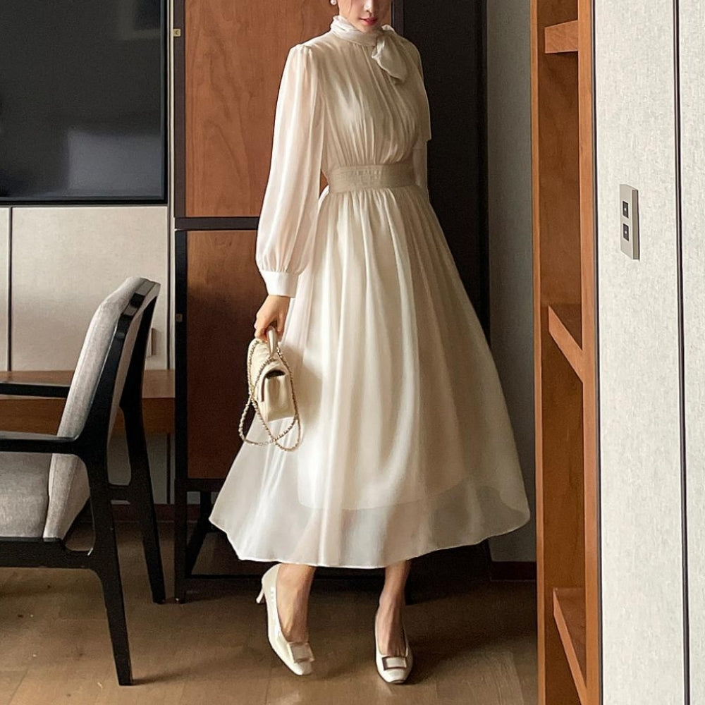 ボウタイネックシフォンフレアワンピース