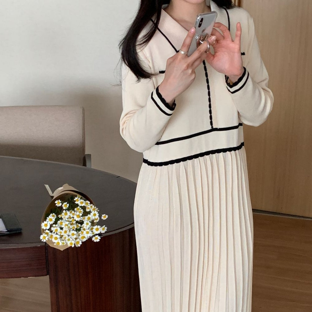 バイカラーラインプリーツニットワンピース