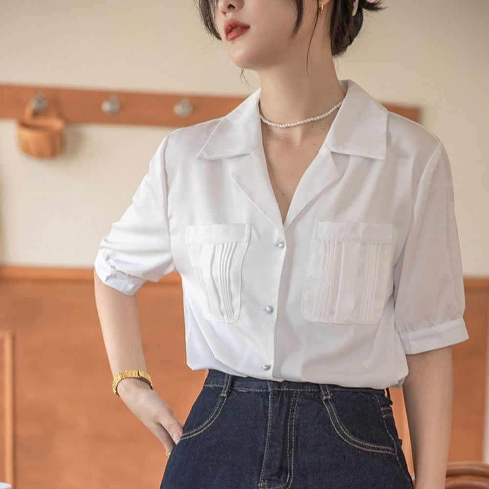 オフィスカジュアル 夏 ポケット付きオープンカラーシャツ ミレジェネ