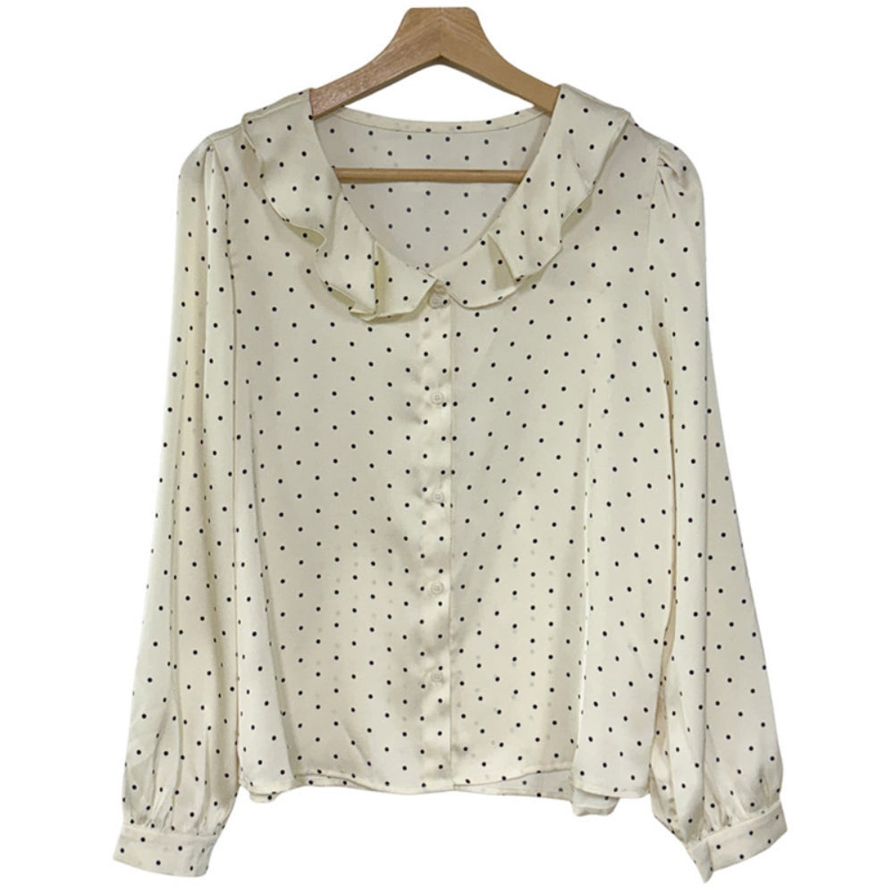 マイクロドットフリルネックサテンブラウス