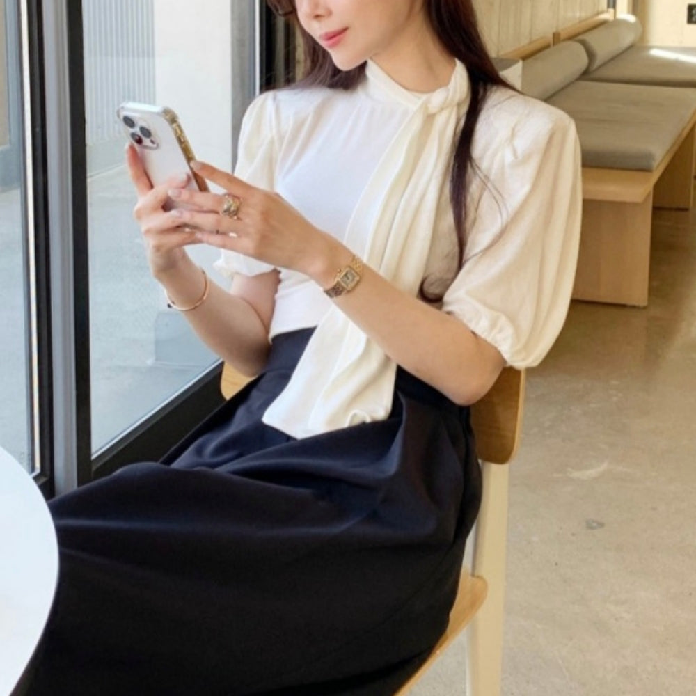 ボウタイパフスリーブカットソートップス