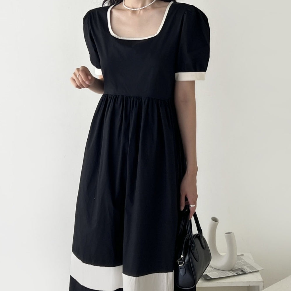 バイカラースクエアネックフレアワンピース