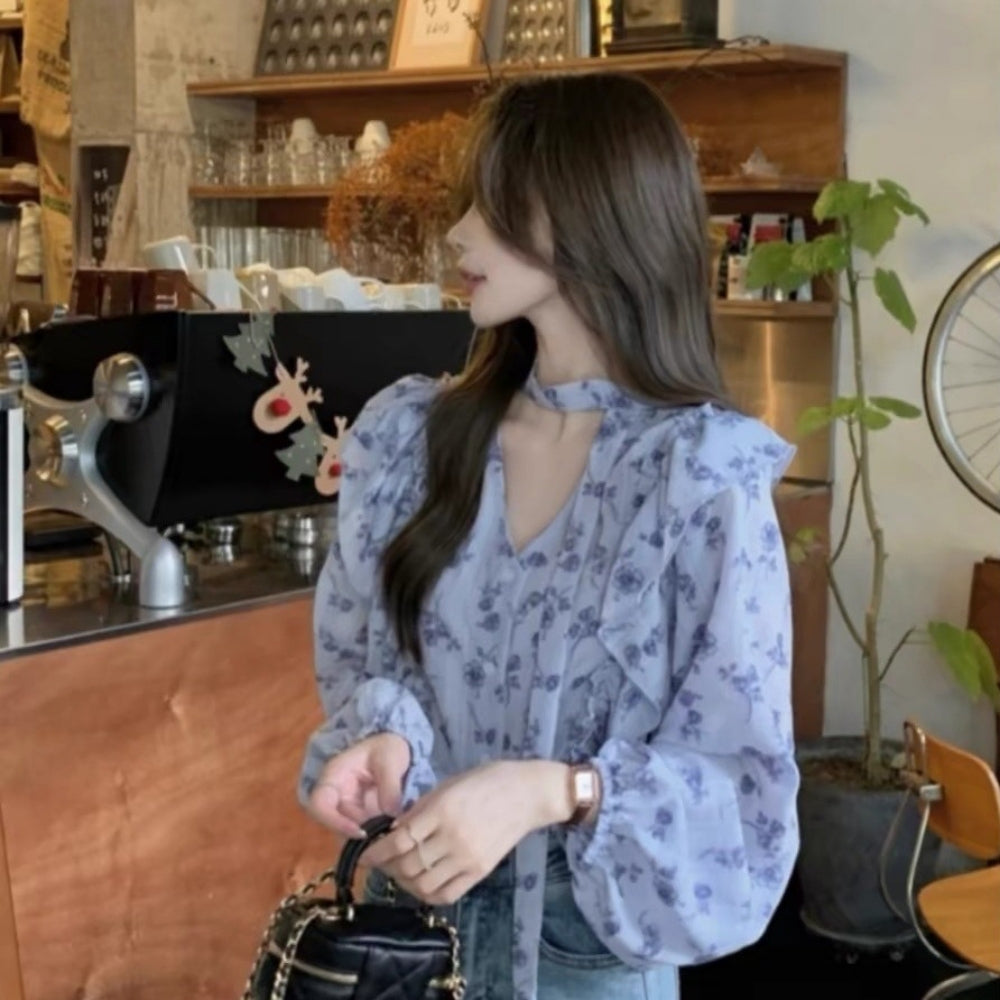 タイ付きフラワーフリルブラウス