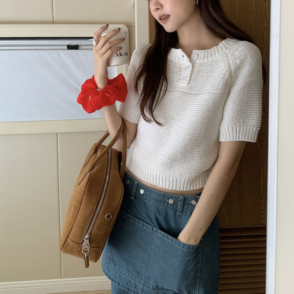 ヘンリーネックミドルゲージニットトップス