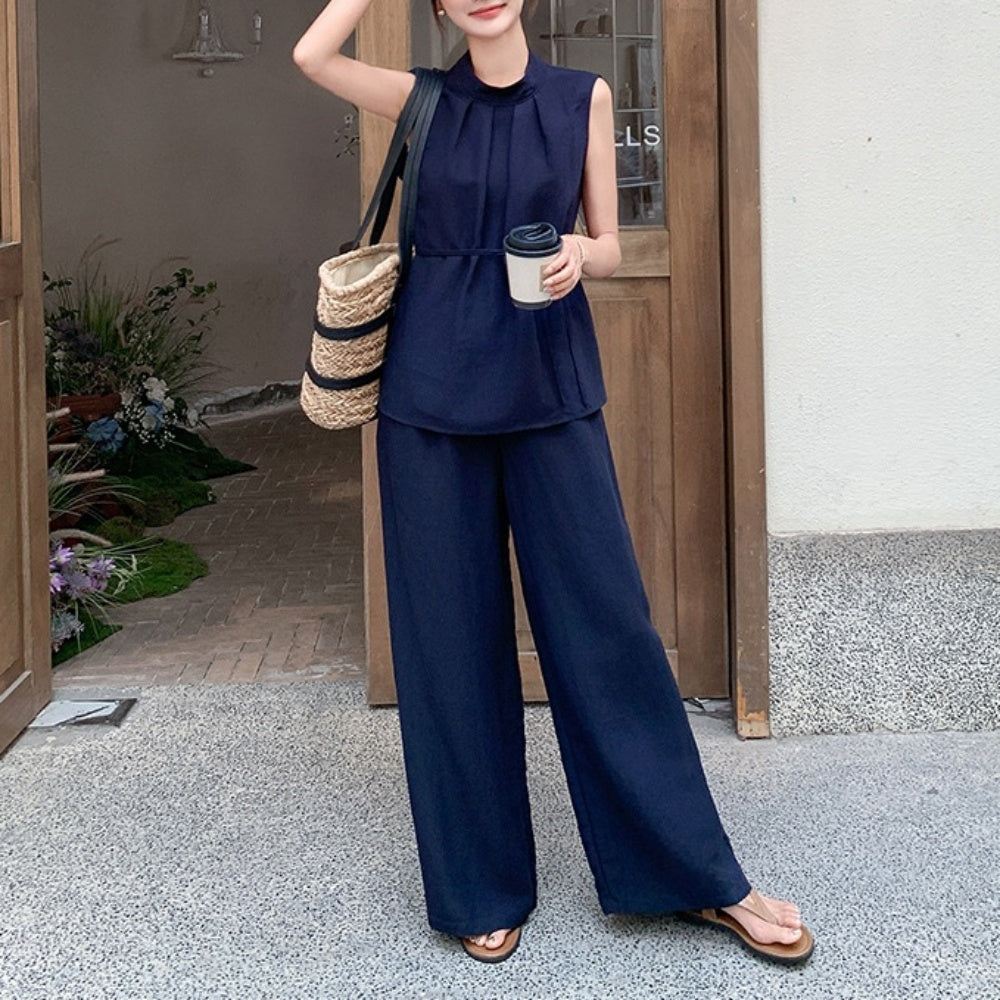 スタンドカラーノースリーブ・ワイドパンツセットアップ