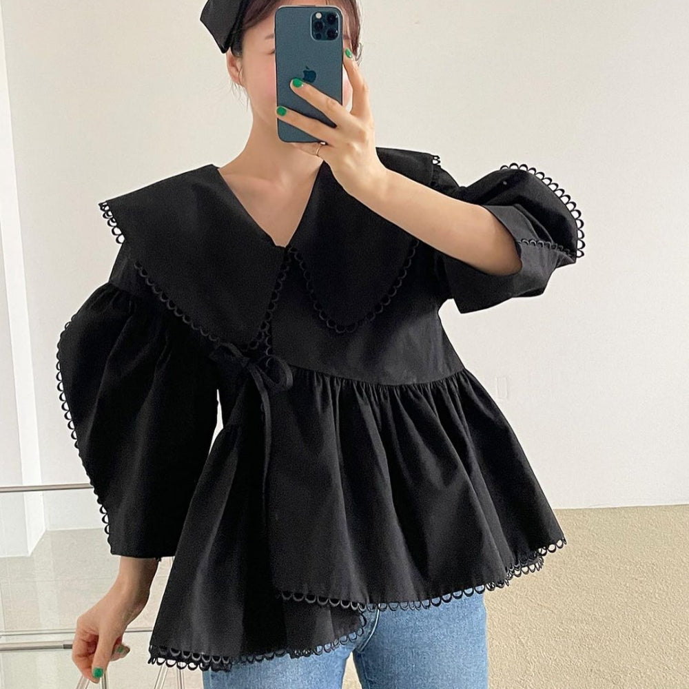 ビッグカラーレーストリムブラウス