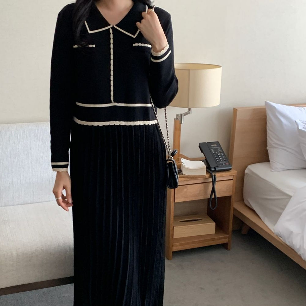 バイカラーラインプリーツニットワンピース