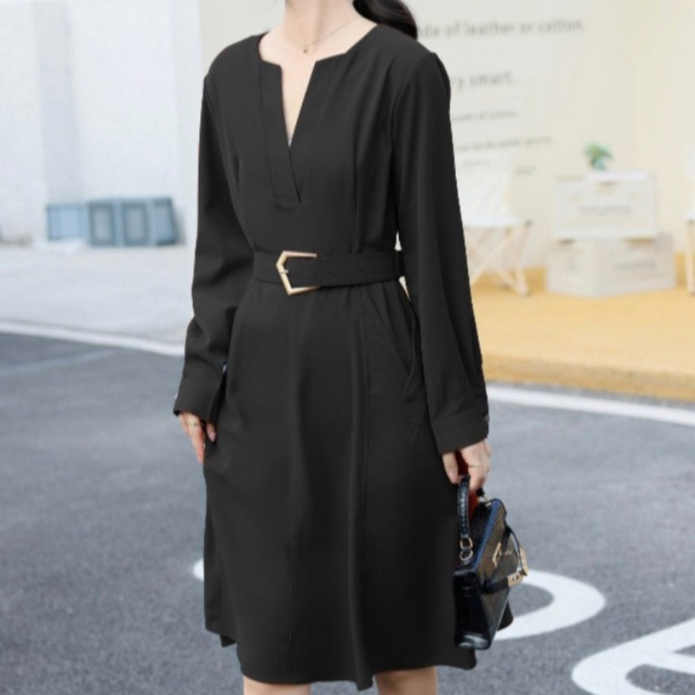 スリットネックウエストマークワンピース|オフィスカジュアル レディース 通販【ミレジェネ】