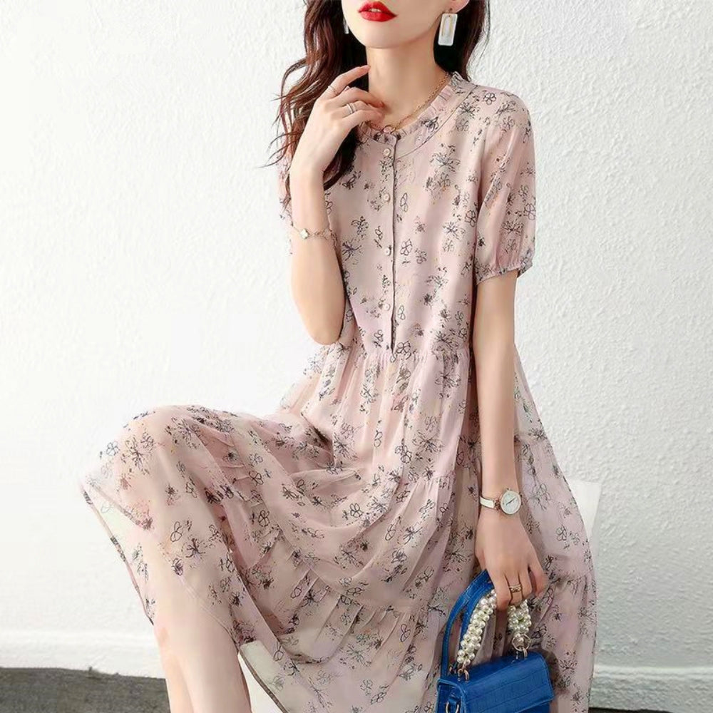 花柄シフォンティアードワンピース