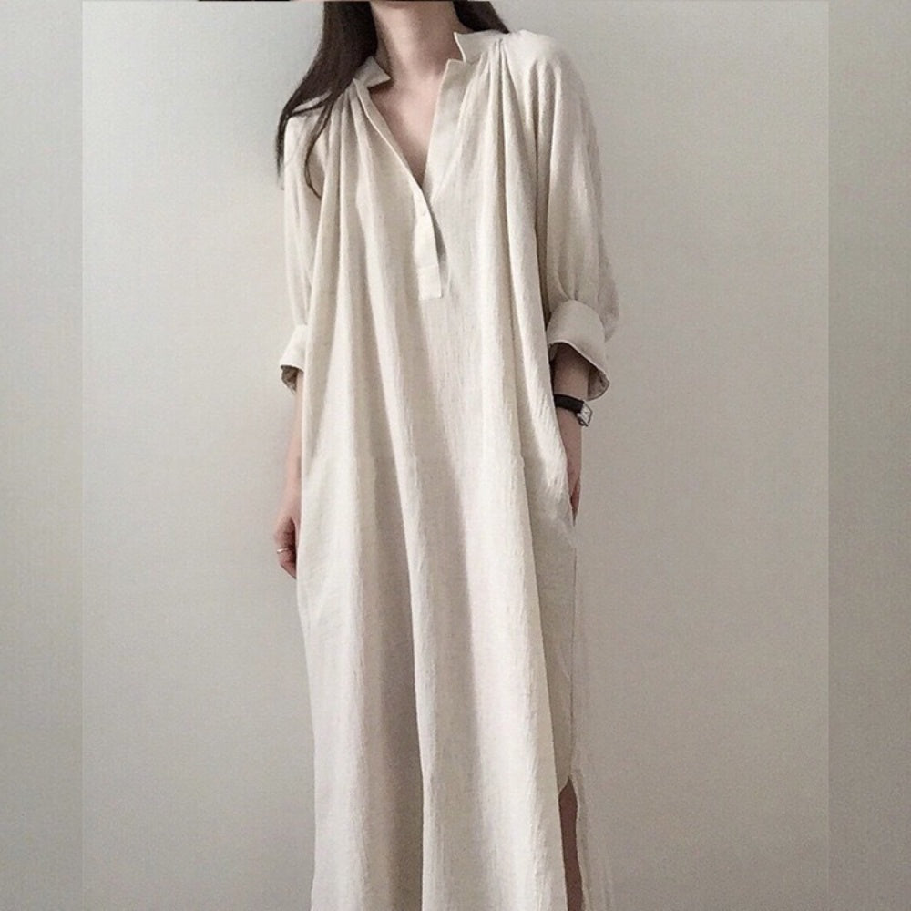 リネンVネックシャツワンピース
