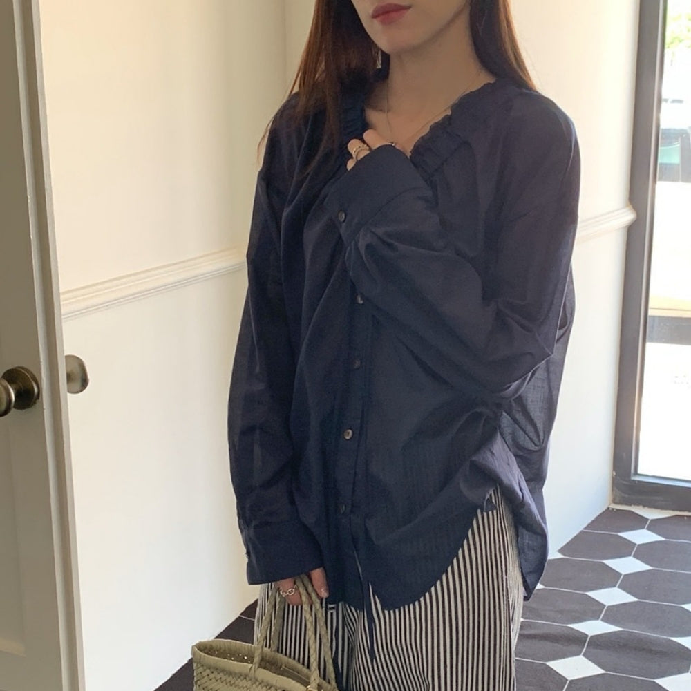 フロントギャザーVネックシアーブラウス