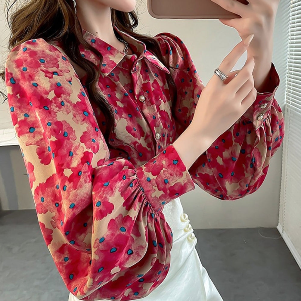 水彩風花柄パフスリーブブラウス
