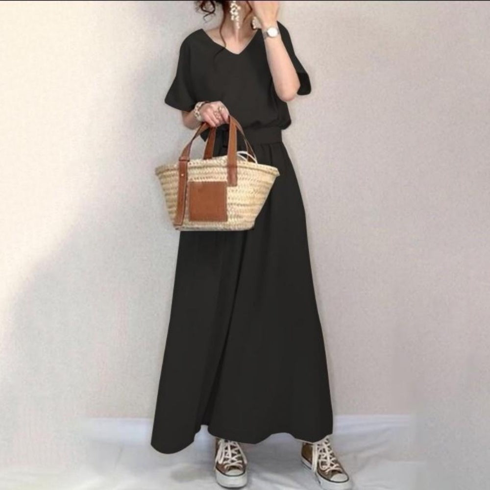 Vネックトップス・ロングスカートセットアップ