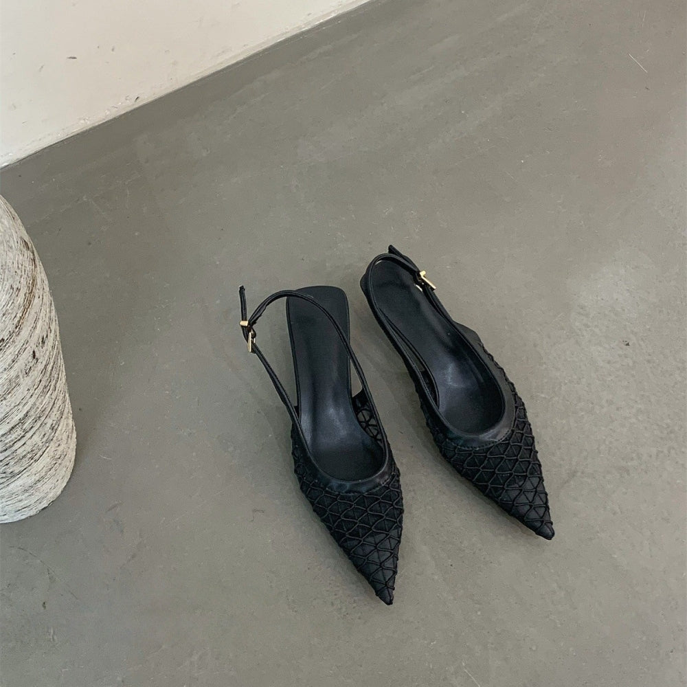 キトゥンヒールバックストラップメッシュパンプス