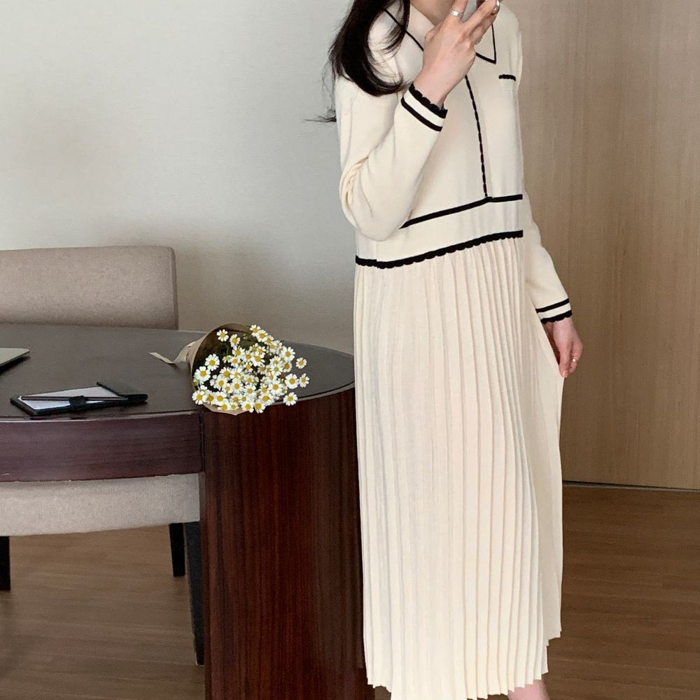 バイカラーラインプリーツニットワンピース