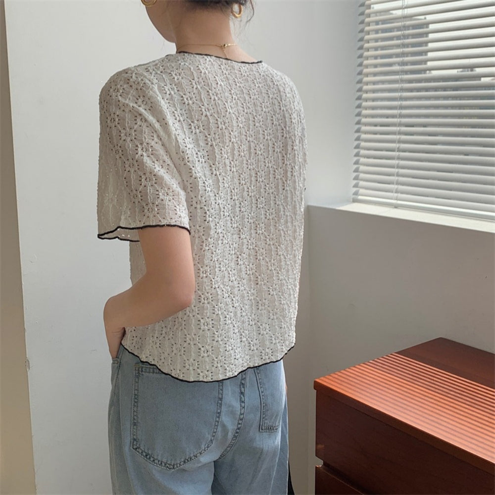 配色トリムジャカードニットトップス