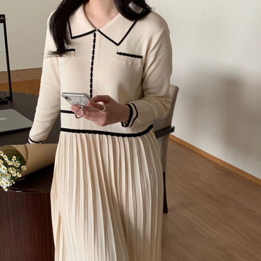 バイカラーラインプリーツニットワンピース