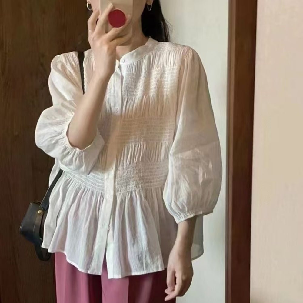 フロントシャーリング5分袖ブラウス|オフィスカジュアル レディース 通販【ミレジェネ】