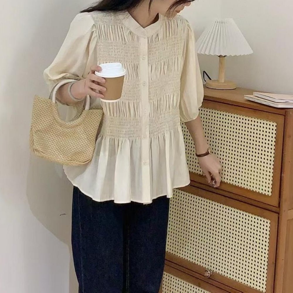 フロントシャーリング5分袖ブラウス|オフィスカジュアル レディース 通販【ミレジェネ】