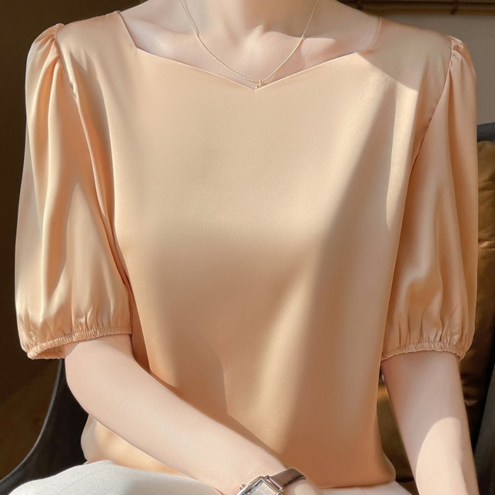 5分袖サテン地スクエアネックトップス|オフィスカジュアル レディース 通販【ミレジェネ】