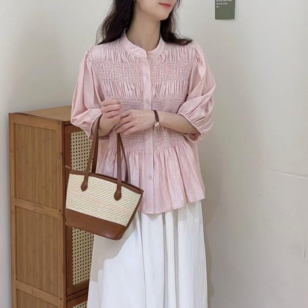 フロントシャーリング5分袖ブラウス|オフィスカジュアル レディース 通販【ミレジェネ】