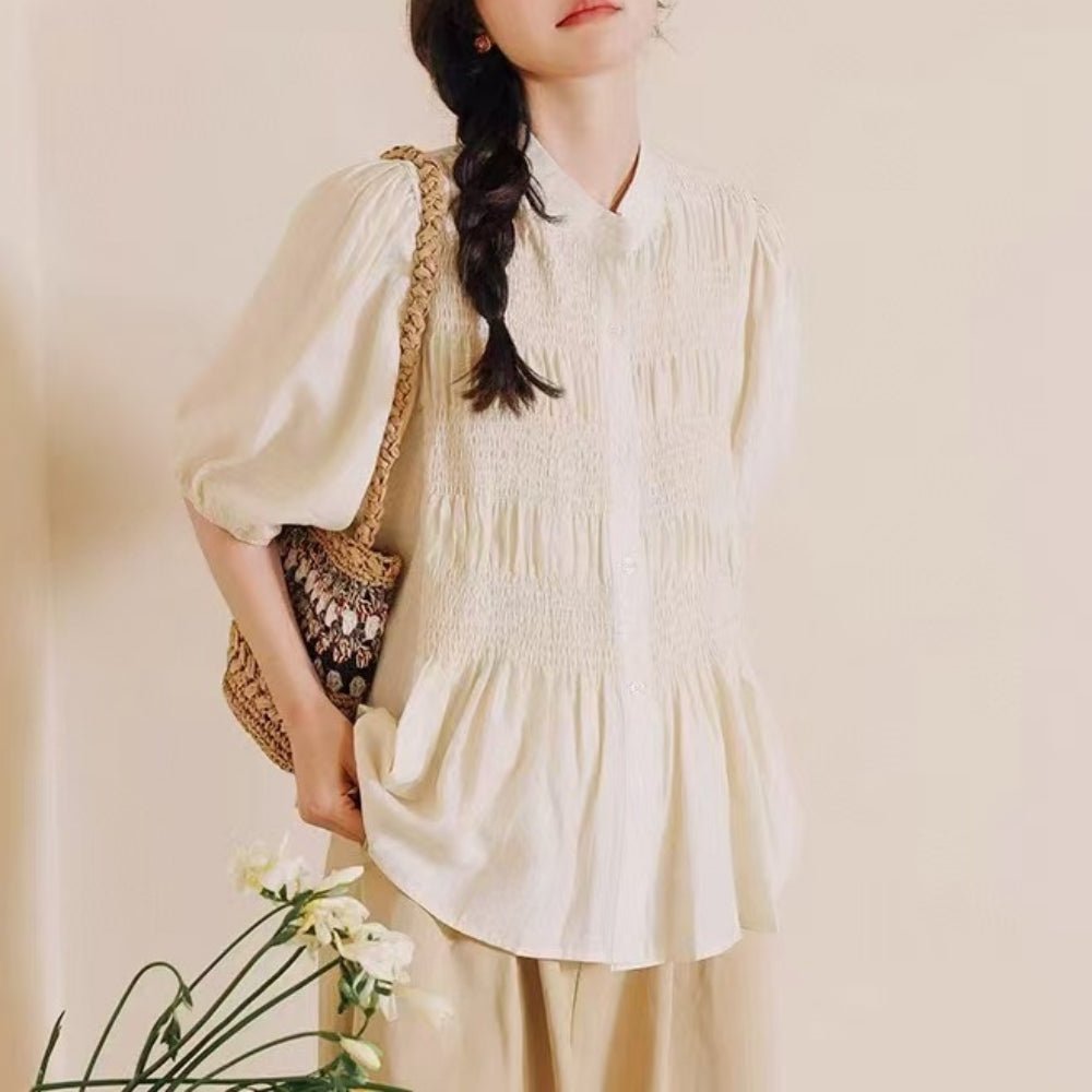 フロントシャーリング5分袖ブラウス|オフィスカジュアル レディース 通販【ミレジェネ】