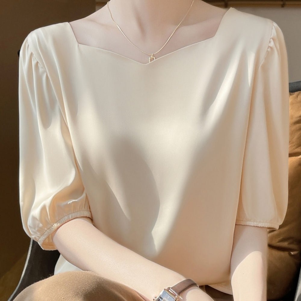 5分袖サテン地スクエアネックトップス|オフィスカジュアル レディース 通販【ミレジェネ】
