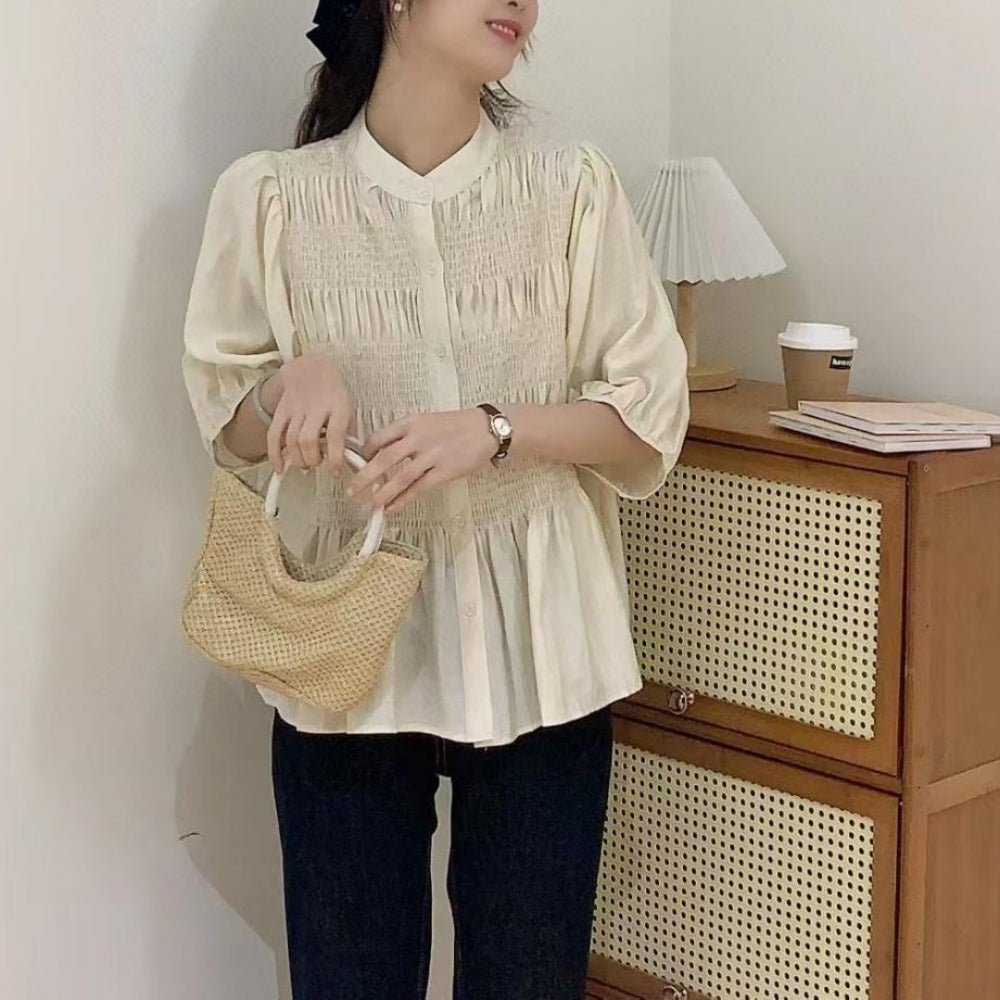 フロントシャーリング5分袖ブラウス|オフィスカジュアル レディース 通販【ミレジェネ】