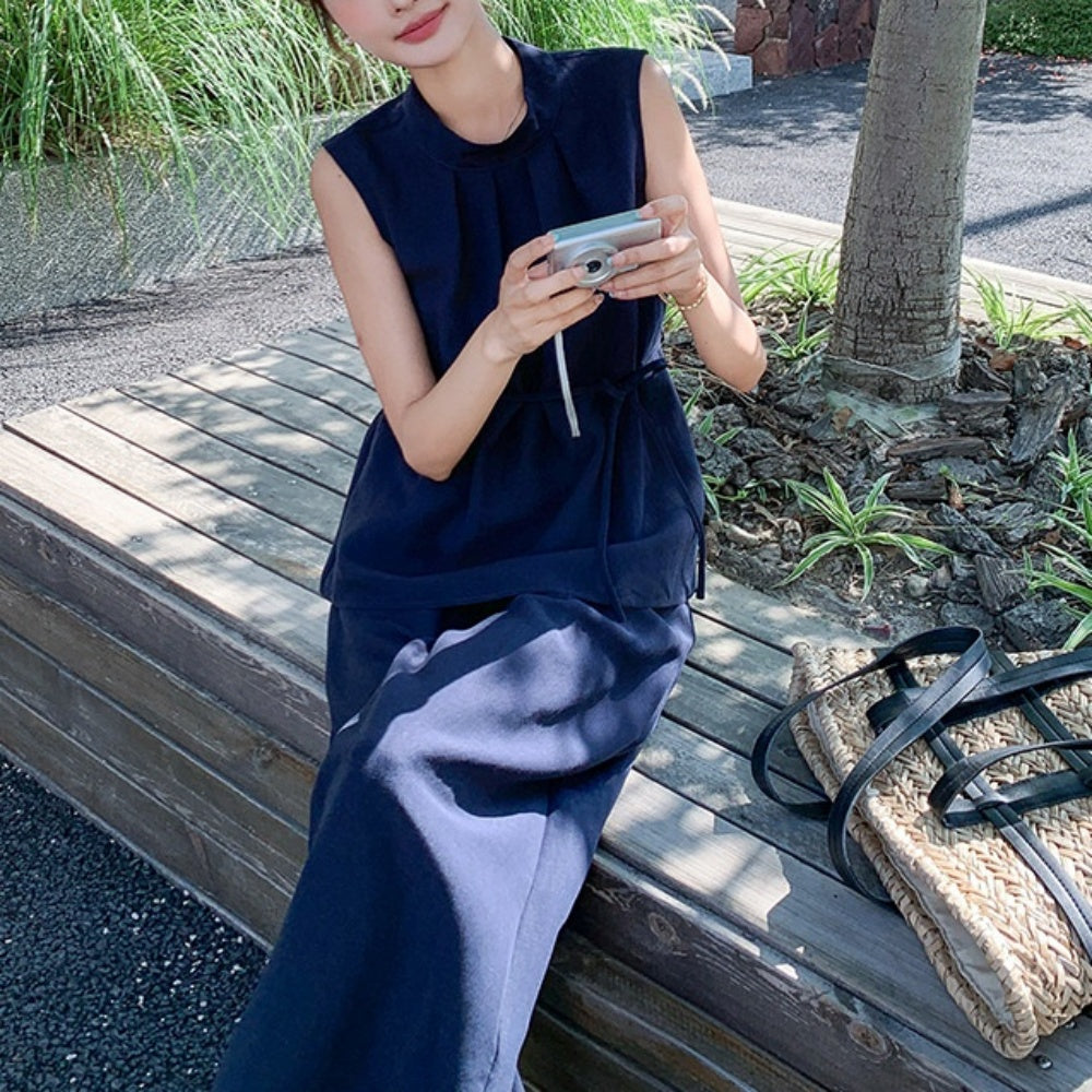 スタンドカラーノースリーブ・ワイドパンツセットアップ