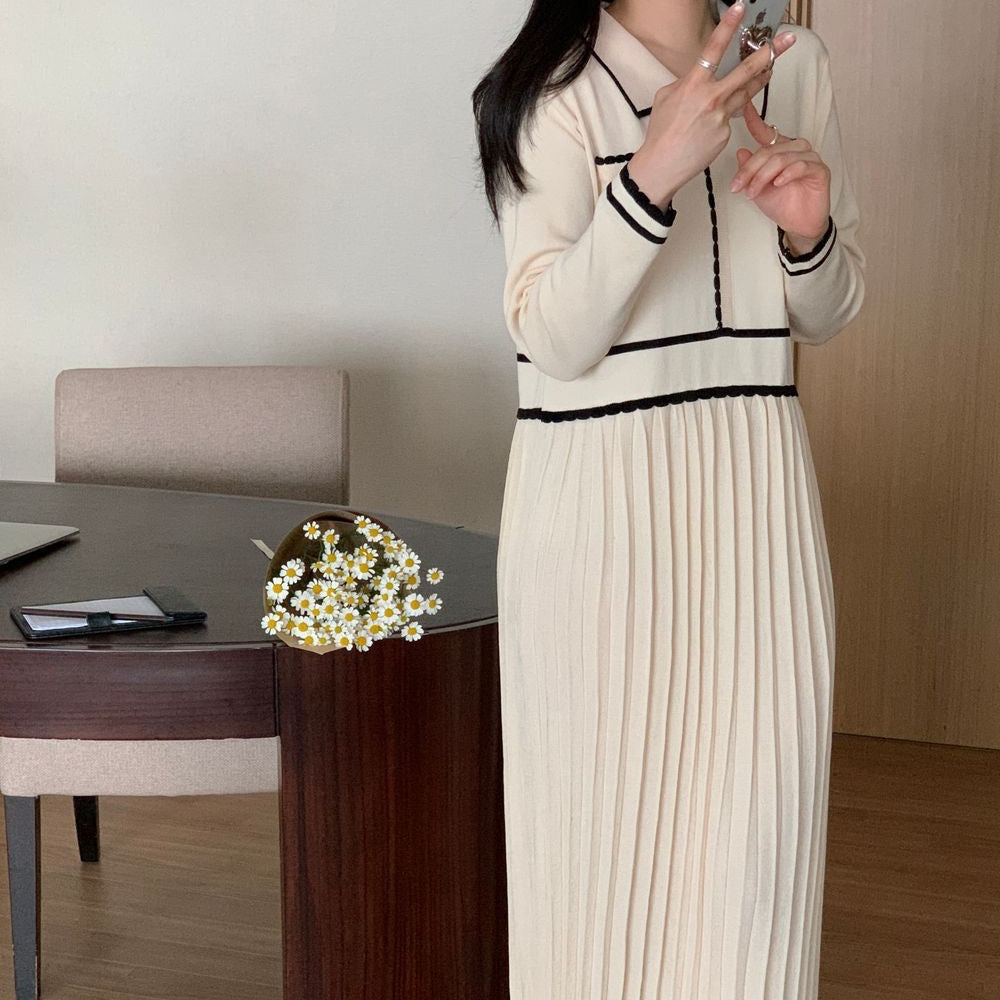 バイカラーラインプリーツニットワンピース